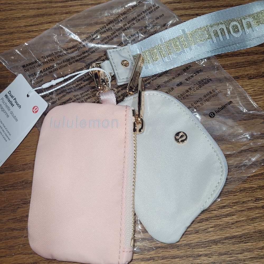 Lululemon Dual Wristlet Pouch Pink And Gray With Gold Metal Hardware New W Tags